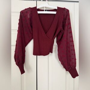 Lulus Enticing Style Burgundy Ribbed Swiss Dot Wrap Top - XS
